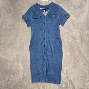 Vtg Diva Womens Large Blue Denim Jean Button Up Short Sleeve Midi Dress